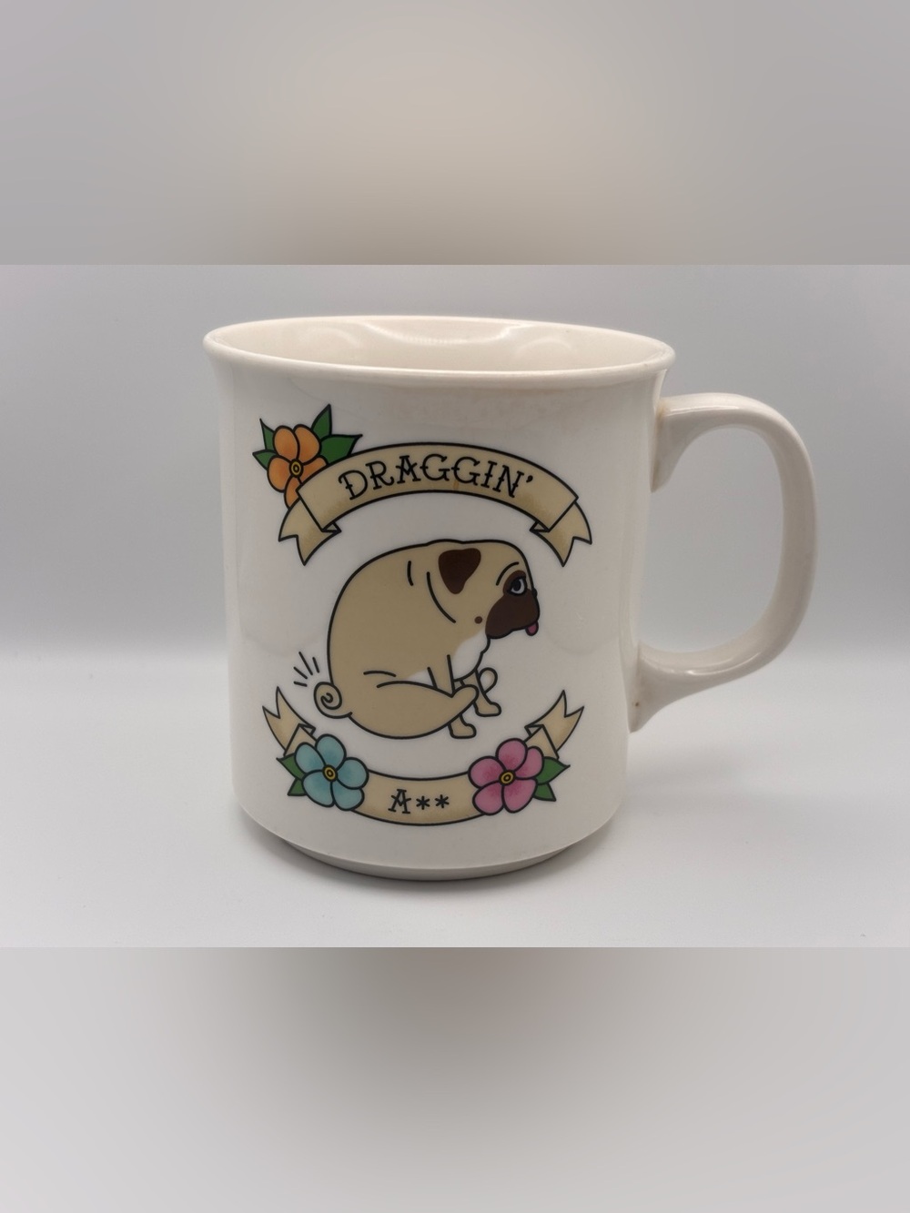 Genuine Fred Draggin' Ass Pug Dog Coffee Mug, Ceramic 16oz Coffee Cup Funny Gift